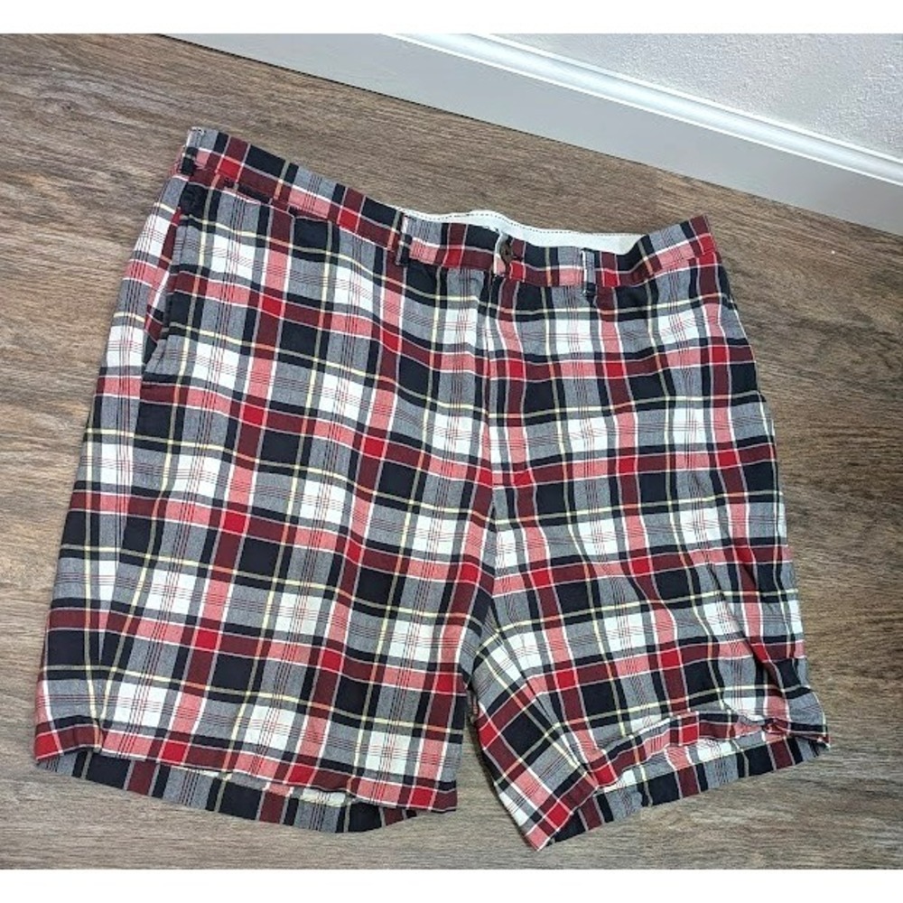 Lands End Plaid Shorts Mens Size 42 Bermuda Flat Blue Red White 100% Baumwolle